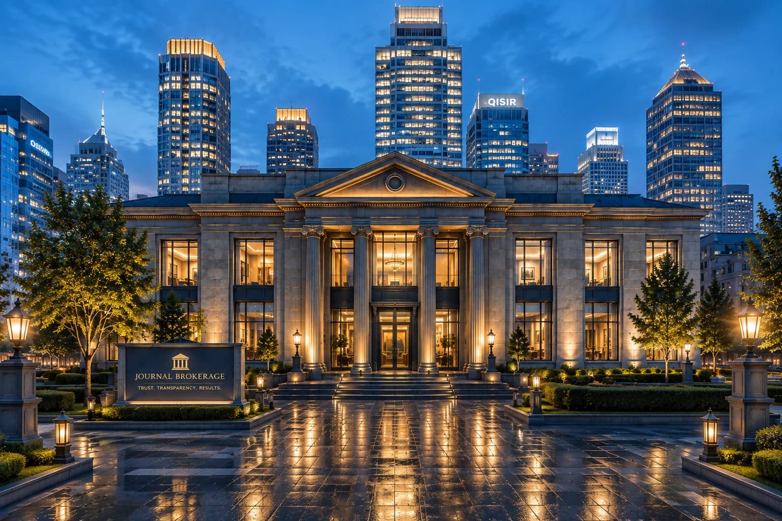 The Journal Brokerage building at dusk, its colonnade lit from below and its monument sign reading Trust. Transparency. Results.
